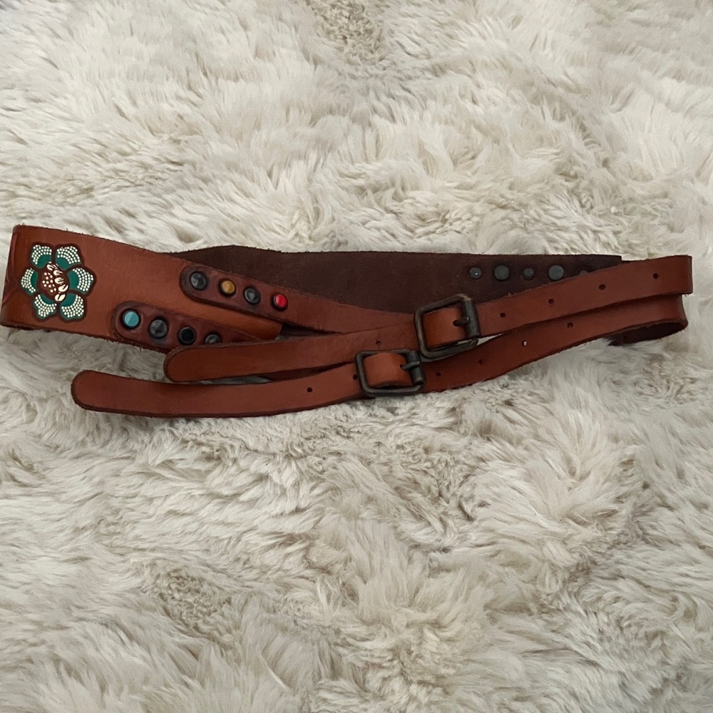 Free People Western Wide Double Buckle Leather Hip Belt Floral Embroidered S